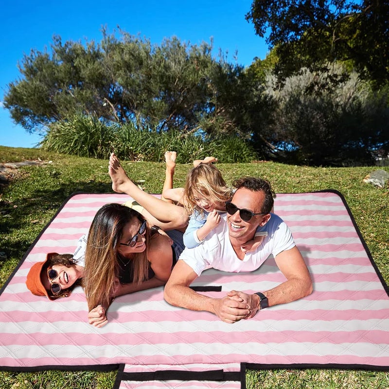 BEW Waterproof Picnic Blankets,79''x79'' Extra Large Foldable Sandproof Beach Blanket,Portable 3-Layer Polyester Outdoor Picnic Blanket for Grass Lawn,Beach,Family Camping,Park,Travel-Pink Stripe - Image 2